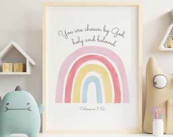 Colossians 3:12 Nursery Scripture Rainbow Art | Bible Verse Printable Wall Art | You Are Chosen By God | Christian Nursery BOHO Baptism Gift