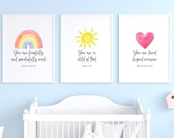 3 Piece Wall Art Christian Nursery Scripture, Nursery Bible Verse Printable Wall Art, Watercolor Print for Play Room Decor, Baby Shower Gift