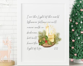 ヨハネ 8:12 クリスマス 水彩画 聖書 プリント | ホリデー 聖書の一節 印刷可能な壁アート | 私は世界の光です イエスの引用 聖書アート