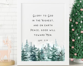 LUKE 2:14 Christmas Verse Watercolor Wall Print | Bible Verse Printable Wall Art | Glory To God In The Highest Home Decor | Christmas Gift