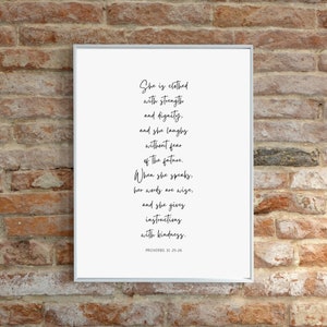 PROVERBS 31:25,26 She is clothed with strength and dignity | Proverbs 31 Woman Scripture Printable Wall Art | Christian Minimalist Wall Art