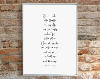 PROVERBS 31:25,26 She is clothed with strength and dignity | Proverbs 31 Woman Scripture Printable Wall Art | Christian Minimalist Wall Art