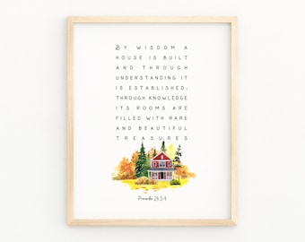 PROVERBS 24:3,4 Christian Decor, Bible Verse Printable Wall Art, By Wisdom A House Is Built Watercolor Scripture, New Home Gift For Couple