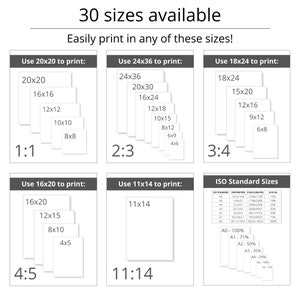 Peut inclure: Un tableau montrant 30 tailles d'impressions diff&eacute;rentes disponibles. Le tableau est divis&eacute; en quatre sections, chacune avec un rapport d'aspect diff&eacute;rent : 1:1, 2:3, 3:4 et 4:5. Le tableau comprend &eacute;galement une section pour les tailles standard ISO, avec un tableau montrant les dimensions et les pourcentages de chaque taille.