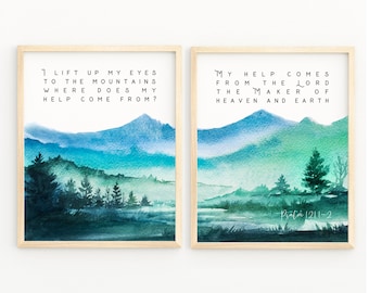 Psalm 121:1-2 I Lift Up My Eyes To the Mountain Set of 2 Christian Artwork Printable Bible Verse Wall Art Baptism Gift Christian Decor Print