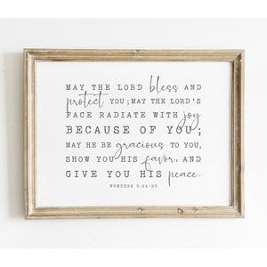 May include: A black and white printable wall art print with a religious quote from Numbers 6:24-26. The quote reads: "May the Lord bless and protect you; may the Lord's face radiate with joy because of you; may he be gracious to you, show you his favor, and give you his peace."