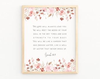 ISAIAH 58:11 The Lord Will Always Lead You | Bible Verse Printable Wall Art | Modern Watercolor Scripture Decor | Christian Gift for  Women