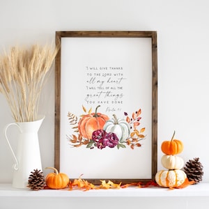 PSALM 9:1 Scripture Print Watercolor Fall Decor | Bible Verse Printable Wall Art | I Will Give Thanks To The Lord | Thanksgiving Scripture