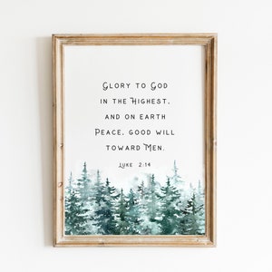 Peut inclure: Une impression encadr&eacute;e avec une illustration aquarelle d'une for&ecirc;t avec une citation de la Bible&nbsp;: &laquo;&nbsp;Gloire &agrave; Dieu au plus haut des cieux, et paix sur la terre, bonne volont&eacute; envers les hommes. Luc 2&nbsp;:14&nbsp;&raquo;