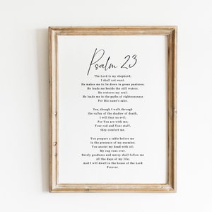May include: A black and white printable wall art print with the text "Psalm 23" and the full text of Psalm 23 in a simple font.