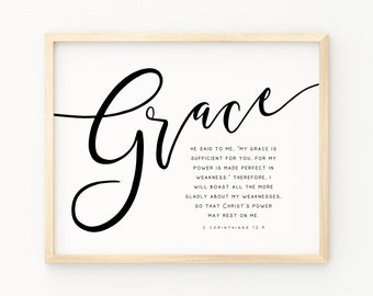 2 Corintios 12:9 Mi gracia te basta. Arte cristiano / Versículo bíblico para inspirarte (imprimible) / Lámina decorativa con citas bíblicas