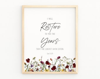 JOEL 2:25 Scripture Wall Decor | Bible Verse Printable Wall Art | I Will Restore To You The Years the Locust Hath Eaten | Watercolor Verse