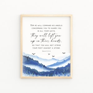 PSALM 91:11-12 Christian Wall Decor | Bible Verse Printable Wall Art | He Will Command His Angels Concerning You To Guard You | Biblical Art