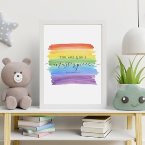 EPHESIANS 2:12 You are God&#39;s Masterpiece |  Nursery Rainbow Bible Verse Printable Wall Art |  Christian Kids Wall Art | Scripture Wall Art