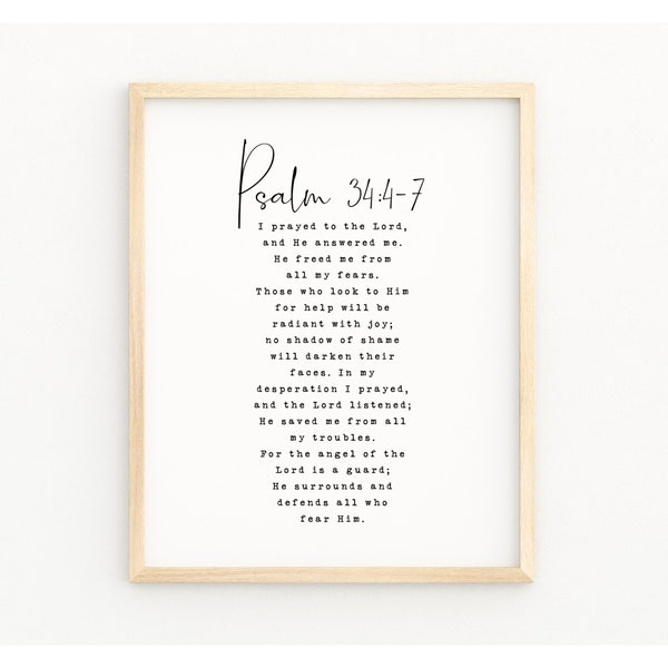 PSALM 34:4-7 Christian Wall Decor | Bible Verse Printable Wall Art | I Prayed to the Lord and He Heard Me | Minimalist Scripture Home Decor