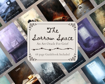 May include: An art oracle deck titled "The Sorrow Space" for grief, featuring various artistic illustrations. The deck includes a 68-page guidebook. The cards have different themes, including "Delay," "Resentment," and "Escape."