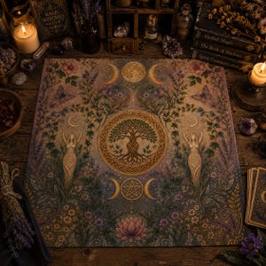 May include: A square altar cloth featuring a central tree of life inside a circular knotwork border, flanked by two female figures with raised arms. The design includes moon phases, a pentacle, butterflies, flowers, and a lotus blossom.