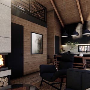 May include: Interior view of a modern cabin with a fireplace, wooden walls, and a loft. The living area features a black armchair, a sofa, and a dining table. The kitchen has black cabinets and pendant lights. A framed artwork hangs on the wall.