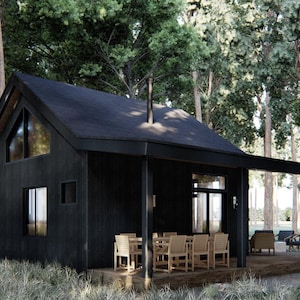 May include: A modern, black cabin nestled in a forest setting. The cabin features a gabled roof, large windows, and a covered porch with outdoor seating. The surrounding trees create a natural, serene environment.