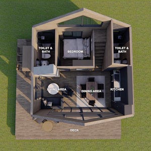 May include: Top-down view of a modern cabin layout. The design includes a bedroom, bathroom, kitchen, living area, and dining area. The cabin has a deck and is surrounded by green grass. The labels indicate the function of each space.