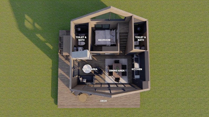 May include: Top-down view of a modern cabin layout. The design includes a bedroom, bathroom, kitchen, living area, and dining area. The cabin has a deck and is surrounded by green grass. The labels indicate the function of each space.