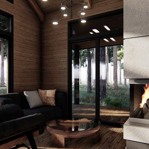 May include: Interior shot of a modern living room with a fireplace. The room features a black sofa, a wooden coffee table, and large windows overlooking a forest. A fire burns brightly in the fireplace, creating a warm ambiance.