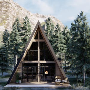 以下が含まれることがあります： 大きな窓と木製の外観を持つAフレームキャビン。高い常緑樹の中に位置しています。キャビンは三角形の屋根と、椅子とテーブルのある小さなパティオがあります。背景には山脈が見えます。