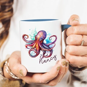 Personalized Octopus Coffee Mug, Custom Watercolor Octopus Gift, Two Tone Mug 11 oz