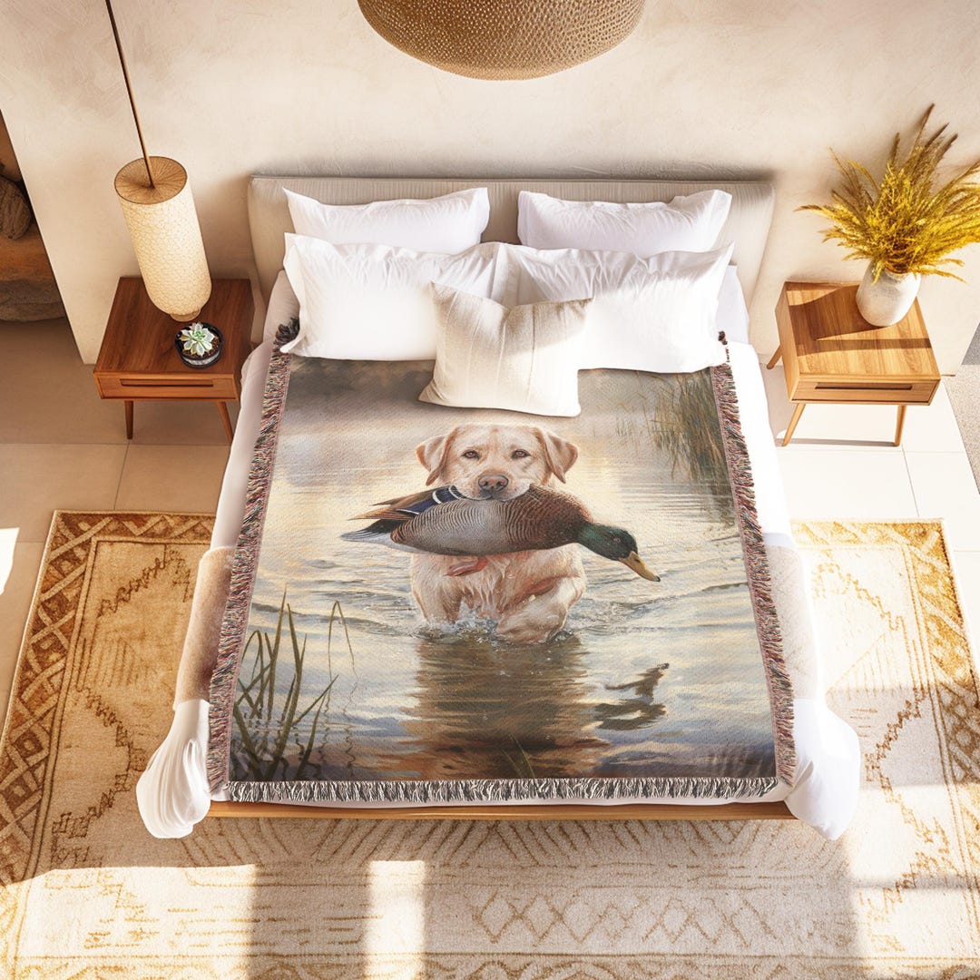 Duck Hunting Blanket, Woven Throw Blanket, Yellow Lab Dog Tapestry