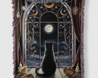 Black Cat Halloween Blanket, Woven Throw Blanket, Whimsigoth Decor Tapestry, Gothic Art Wall Hanging, Full Moon Tapestry, Witchy Aesthetic
