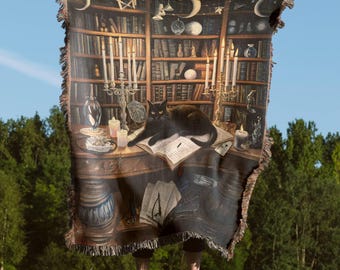 Cat Woven Blanket, Black Cat Blanket Halloween, Cat Tapestry Wall Hanging, Whimsigoth Decor, Dark Bookshelf, Books Cat Throw