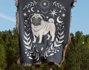 Tan Mops Decke, gewebte Hundedecke, himmlische Mops Wandbehang, Mops Wohnkultur, Hund Couch Decke, Mops Wandteppich, Mops Bettwäsche