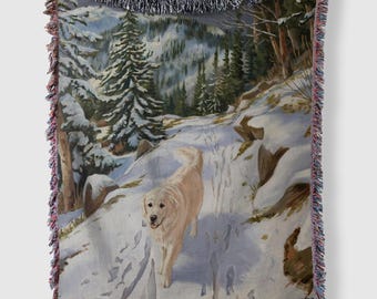 Winter Dog Blanket, Woven Throw Blanket, Snowy Tapestry, Cozy Winter Home Decor, English Cream Golden Retriever Art