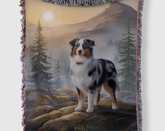 Australian Shepherd Blanket Woven Throw Blanket Mountain Aussie Tapestry Aussie Home Decor Australian Shepherd Art Wall Hanging Blue Merle