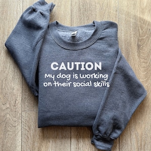 May include: A dark gray sweatshirt with the text "CAUTION my dog is working on their social skills" printed in white.