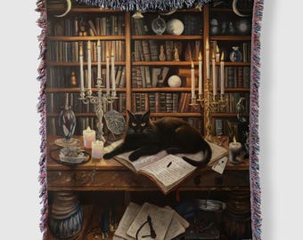 Black Cat Halloween Blanket, Woven Throw Blanket, Whimsigoth Decor Tapestry, Gothic Art Wall Hanging, Dark Bookshelf, Witchy Bedding