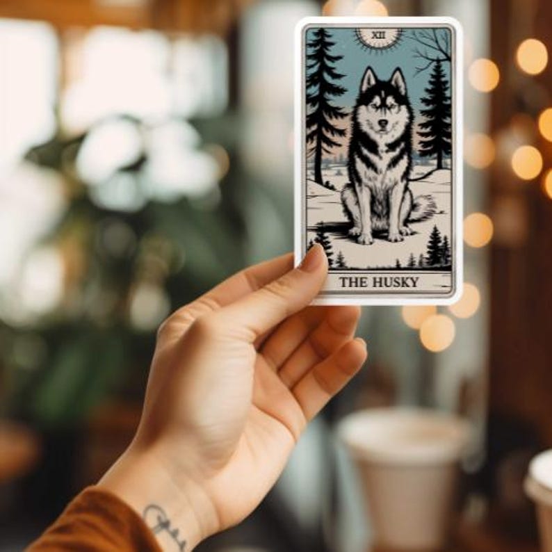 May include: A tarot card with a black and white husky dog illustration. The card is titled "The Husky" and has the Roman numeral XII in the top right corner.