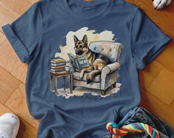 Book Hound T-Shirt, German Shepherd Reading Tee, Dog Lover Gift, Literary Pup Shirt, Funny Dog Shirt, Bookworm Tee, Dog with Glasses Shirt
