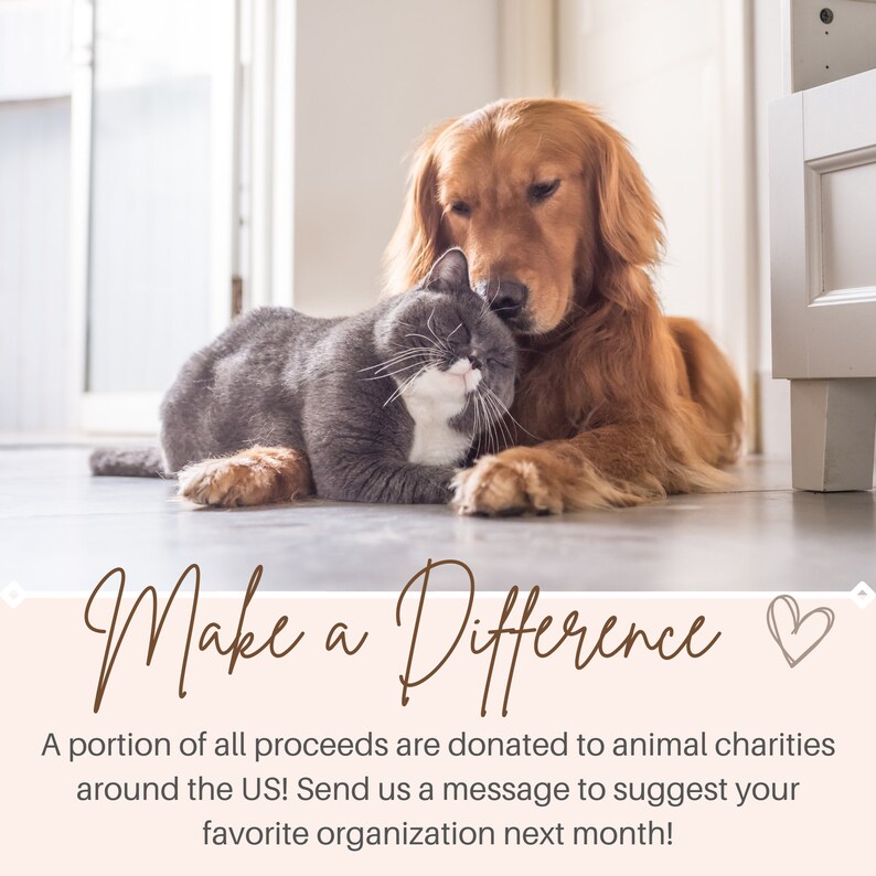May include: A golden retriever dog and a gray and white cat are cuddling together on a light gray floor. The text "Make a Difference" is written in brown cursive font on a light pink background with a small heart icon.