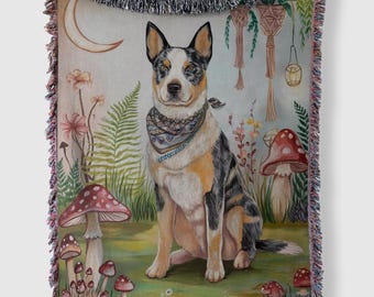 Couverture tissée pour bouvier australien à talons bleus bohème, décoration bohème, tapisserie avec décoration murale artistique en forme de champignon Cottagecore