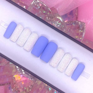 GRACE | Matte Lilac/ Purple W/ White Sugar Glitter Press On Nails | Purple/White Sugar Glitter Nails