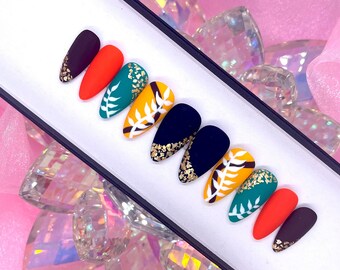 HARVEST | Matte Fall Colors Press On Nails | Gold Foil/ White Leave Nail Designs