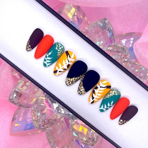 HARVEST | Matte Fall Colors Press On Nails | Gold Foil/ White Leave Nail Designs