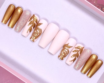 Rose Gold Press On Nails | Matte Creme & Gold Chrome Floral