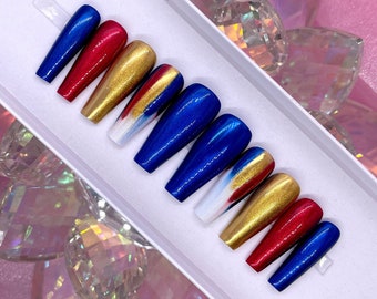 WONDER | Red/White/Blue/Gold Chrome Press On Nails | Fourth of July Nails | Holiday Nails | Press On Nails