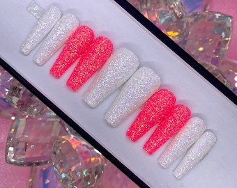 Handmade White & Pink Glitter Press On Nails