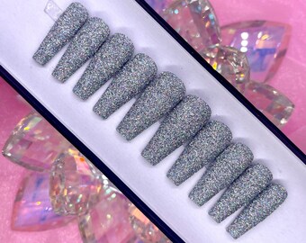 Holographische Silber Glitter Drücken Sie auf die Nägel | Disco-Zuckernägel