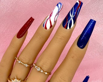 Uñas postizas pintadas a mano / Rojo, blanco y azul, Cuatro de Julio
