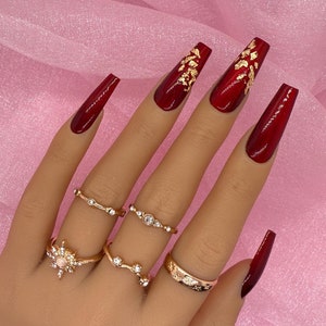 CAROL | Red Gold Foil Nails | Press On Nails