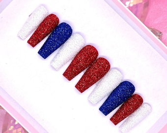 INDEPENDENCE | Red/ White/ Blue Sugar Press On Nails | Raw Sugar Glitter Nails | Press On Nails